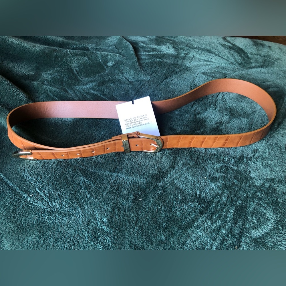 Faux croc camel brown belt with gold hardware. 51” length XL
